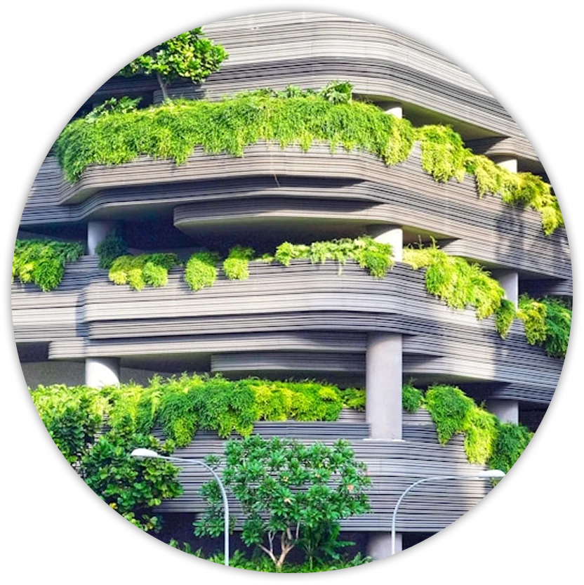 Modern architecture looks like layers of gray sediment with greenery planted on each level. Modern design meets nature.